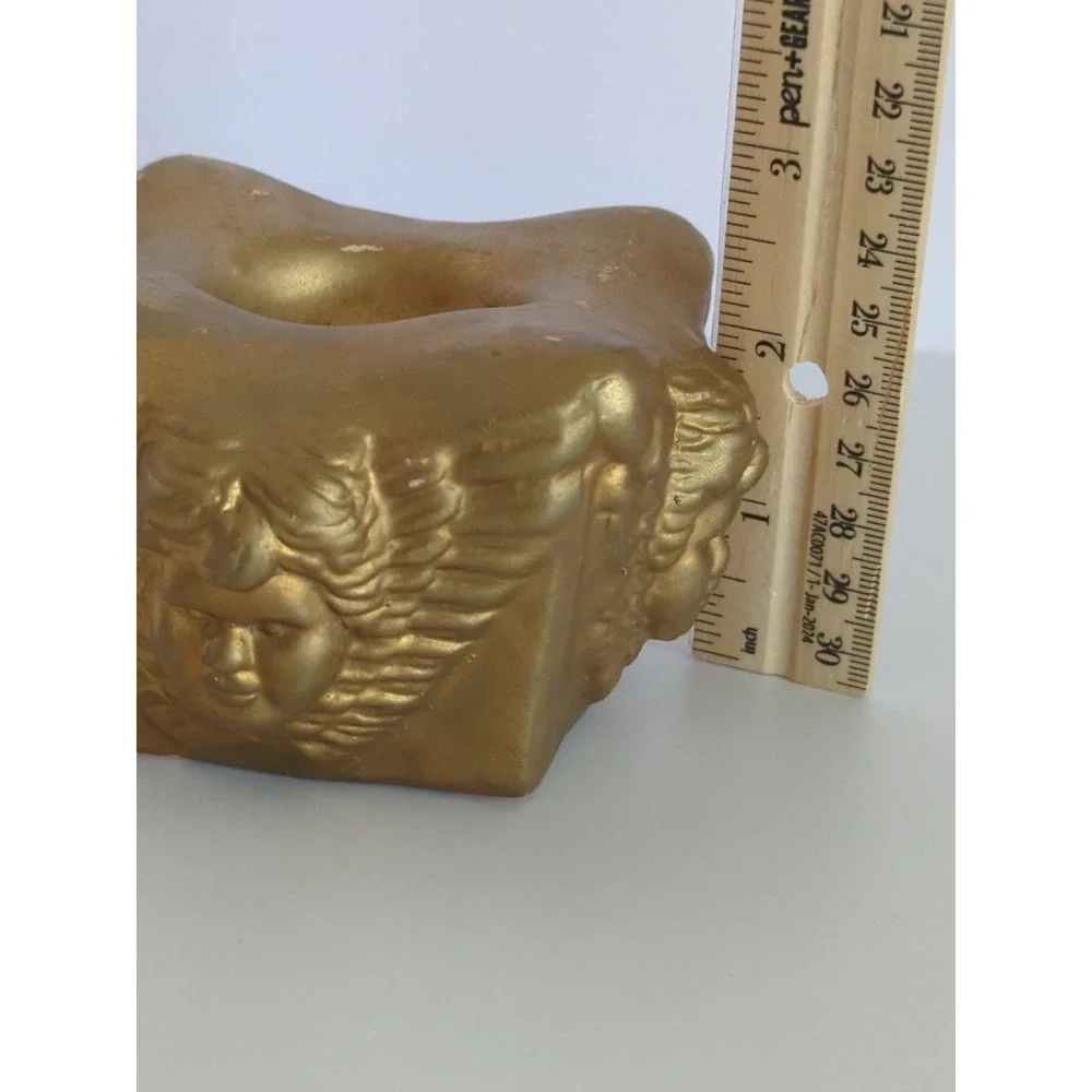 Vintage Angel Cherub Face Gold Tone Candle Holder 4 Sided Victorian Terracotta